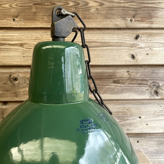 Image 1 of 2x Vintage green enamel factory lamp
