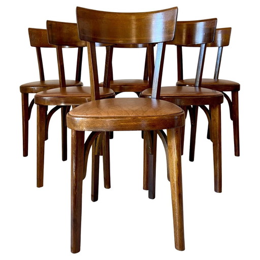 6X Bistrot Wood Chairs, Set Of Six, Italy 1950