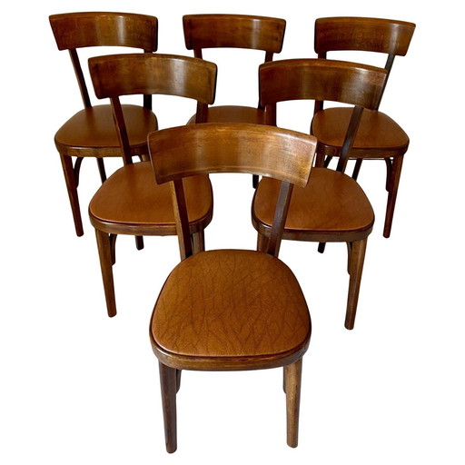 6X Bistrot Wood Chairs, Set Of Six, Italy 1950