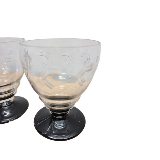 Image 1 of Set Of 4 Art Deco Wine Glasses With Black Foot, 1930s