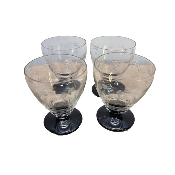 Image 1 of Set Of 4 Art Deco Wine Glasses With Black Foot, 1930s