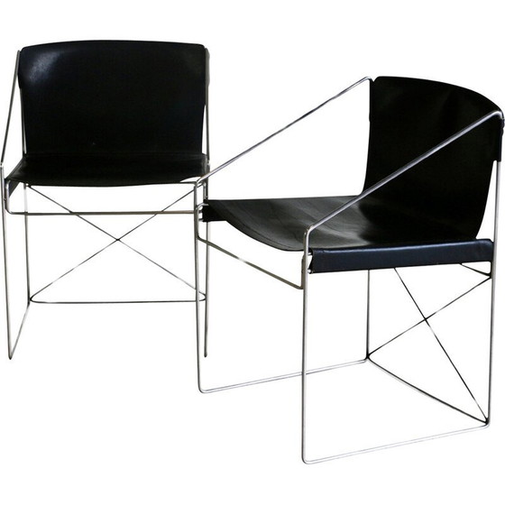 Image 1 of Pair of vintage armchairs in matte chrome iron and black leather seats, Italy 1980