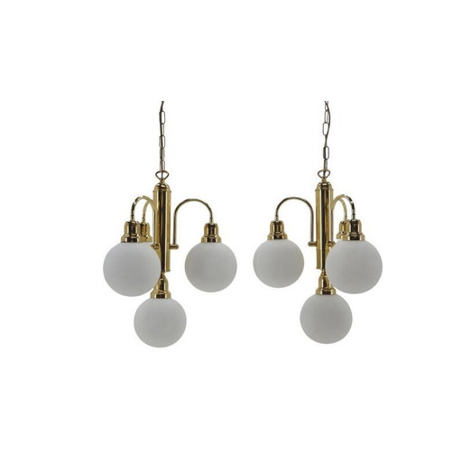 Pair of vintage glass and brass chandeliers with globes, Czechoslovakia