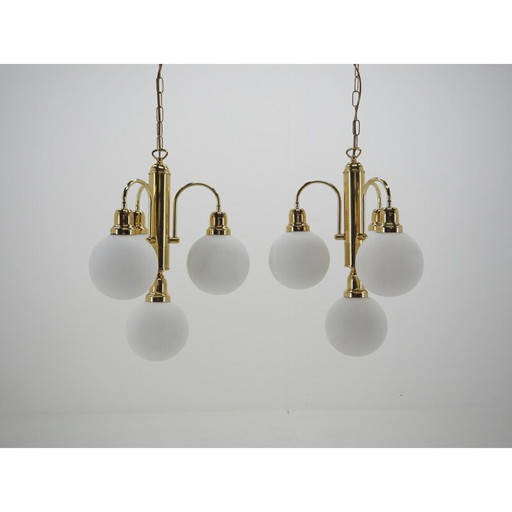 Pair of vintage glass and brass chandeliers with globes, Czechoslovakia