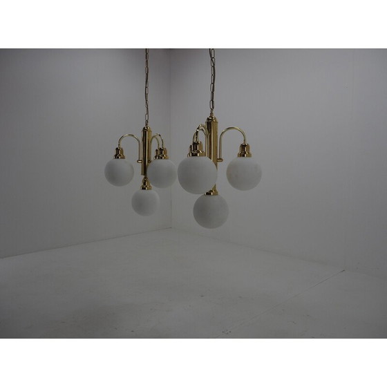 Image 1 of Pair of vintage glass and brass chandeliers with globes, Czechoslovakia