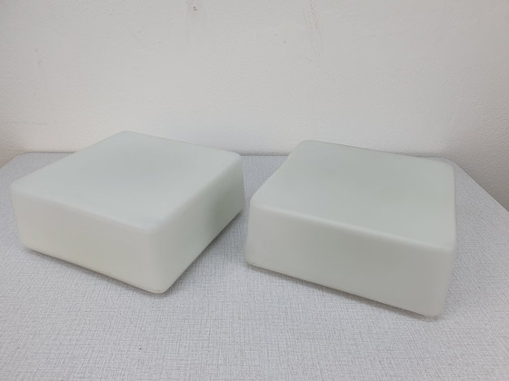 Image 1 of Lampada da soffitto in vetro satinato bianco Rzb. Lampada da soffitto quadrata vintage. 