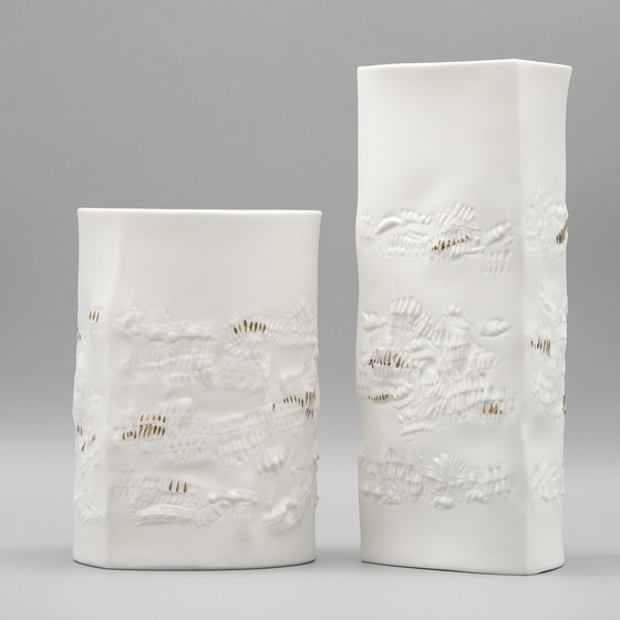 Image 1 of Chic Hutschenreuther Bisque Porcelain Vase Duo White Matte Gold Highlights Mcm