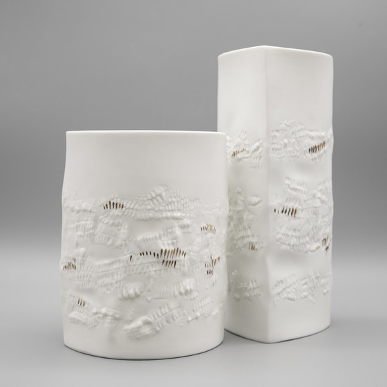 Image 1 of Chic Hutschenreuther Bisque Porcelain Vase Duo White Matte Gold Highlights Mcm