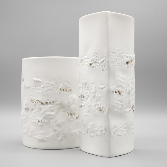 Image 1 of Chic Hutschenreuther Bisque Porcelain Vase Duo White Matte Gold Highlights Mcm