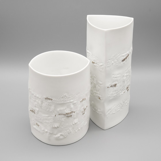 Image 1 of Chic Hutschenreuther Bisque Porcelain Vase Duo White Matte Gold Highlights Mcm