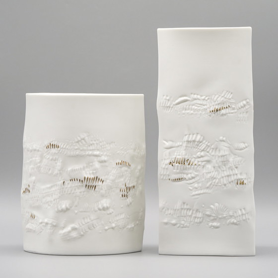 Image 1 of Chic Hutschenreuther Bisque Porcelain Vase Duo White Matte Gold Highlights Mcm