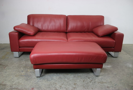 Rolf Benz Ego Couch With Stool Skid Leather Red Three-Seater Sofa