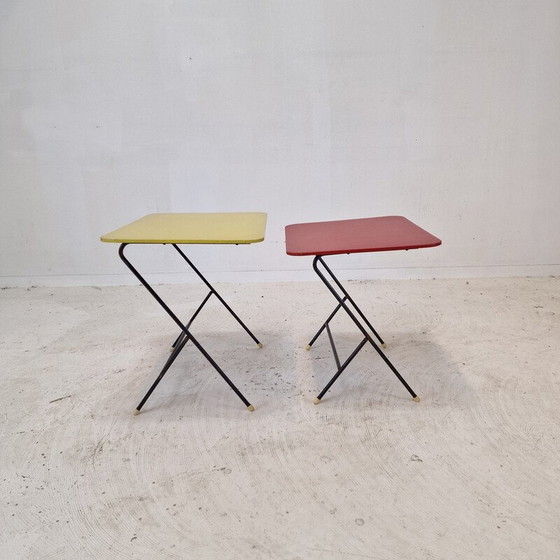 Image 1 of Pair of vintage metal and wood side tables for Pilastro, 1960s
