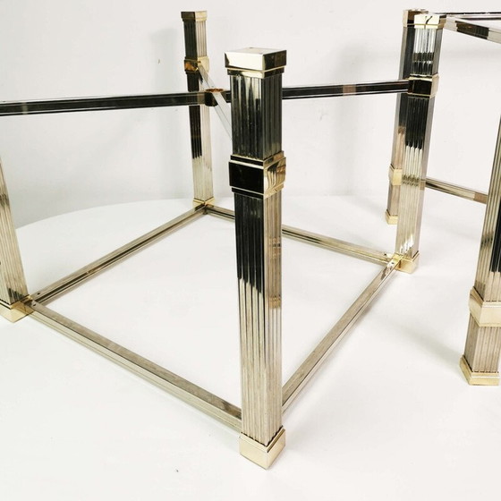 Image 1 of Pair of vintage "Hollywood Regency" coffee tables in metal and thick glass by Pierre Vandel, France 1980
