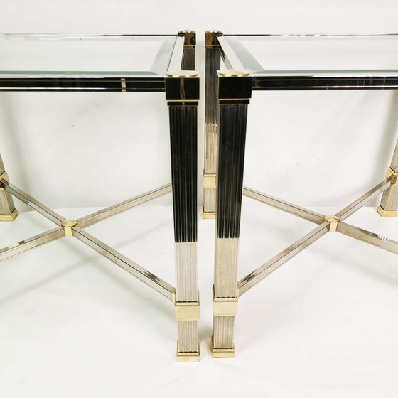 Image 1 of Pair of vintage "Hollywood Regency" coffee tables in metal and thick glass by Pierre Vandel, France 1980
