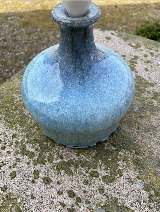 Image 1 of Lámpara de mesa danesa grande de gres, estilo escandinavo, vintage, con base de lámpara y esmaltado azul, década de 1970