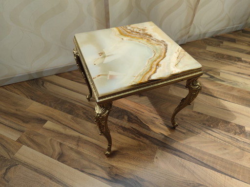 Small table, stool, brass-colored legs, with polished marble top, heirloom