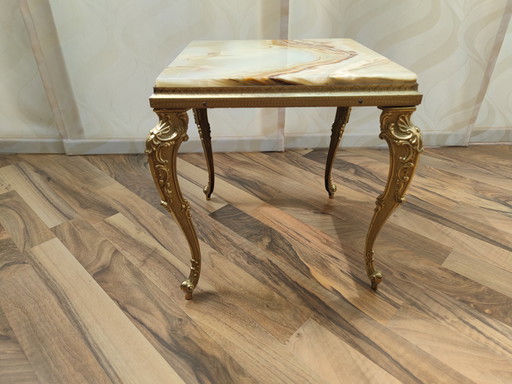 Small table, stool, brass-colored legs, with polished marble top, heirloom
