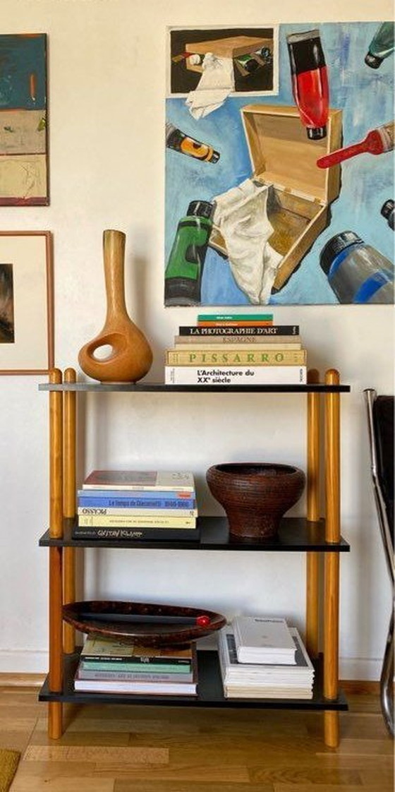 Image 1 of Pine Shelf With Black Shelves, Mid-Century