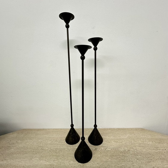 Image 1 of Set of 3 vintage bronze candlesticks, 1980