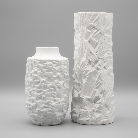 Image 1 of RARE OP-Art Design Relief Bisque Porcelain Vase Duo Schumann Arzberg & Scherzer