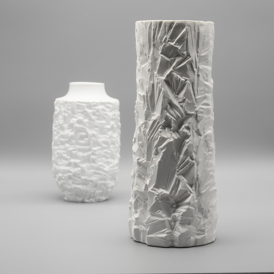 Image 1 of RARE OP-Art Design Relief Bisque Porcelain Vase Duo Schumann Arzberg & Scherzer