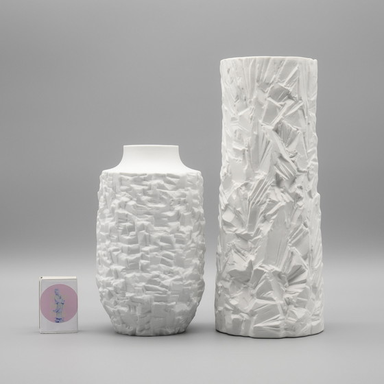 Image 1 of RARE OP-Art Design Relief Bisque Porcelain Vase Duo Schumann Arzberg & Scherzer