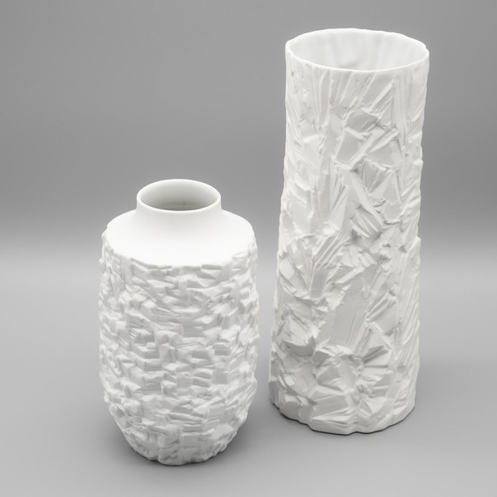 Image 1 of RARE OP-Art Design Relief Bisque Porcelain Vase Duo Schumann Arzberg & Scherzer