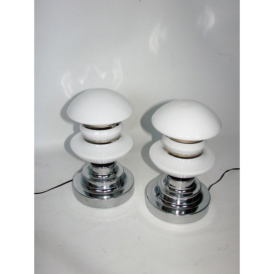 Image 1 of Pair of vintage chrome metal and glass bedside lamps, 1960s