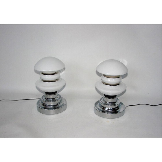 Image 1 of Pair of vintage chrome metal and glass bedside lamps, 1960s