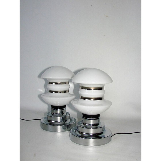 Image 1 of Pair of vintage chrome metal and glass bedside lamps, 1960s