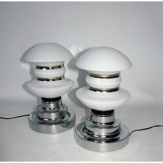 Image 1 of Pair of vintage chrome metal and glass bedside lamps, 1960s