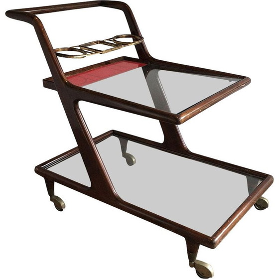 Image 1 of Tavolo vintage in legno, ottone e vetro su ruote, 1950