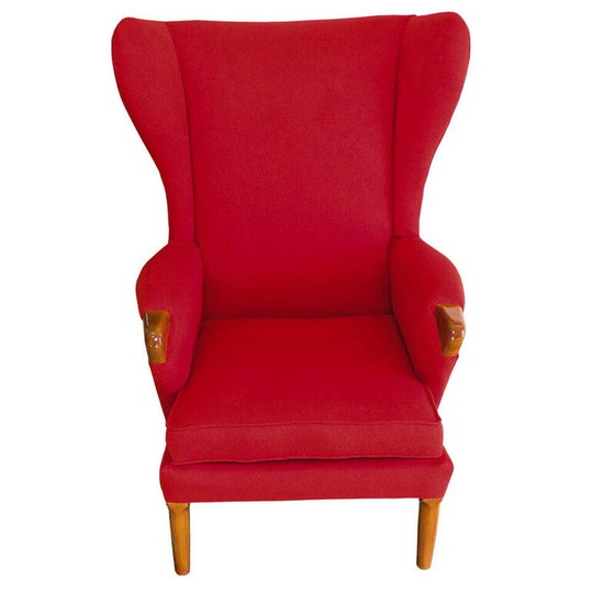 Image 1 of Poltrona vintage modello 757 con schienale alto in legno di quercia e tessuto rosso di Parker Knoll nel Regno Unito, 1960