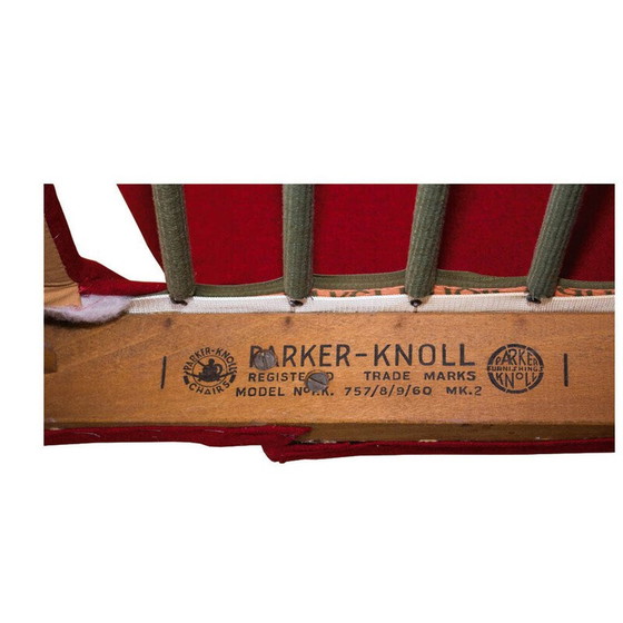 Image 1 of Poltrona vintage modello 757 con schienale alto in legno di quercia e tessuto rosso di Parker Knoll nel Regno Unito, 1960