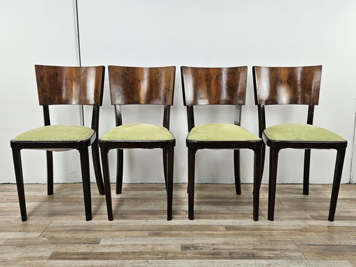 Set of 1940s Art Deco Dining Room Chairs in Walnut Upholstered in Green