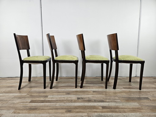 Set of 1940s Art Deco Dining Room Chairs in Walnut Upholstered in Green