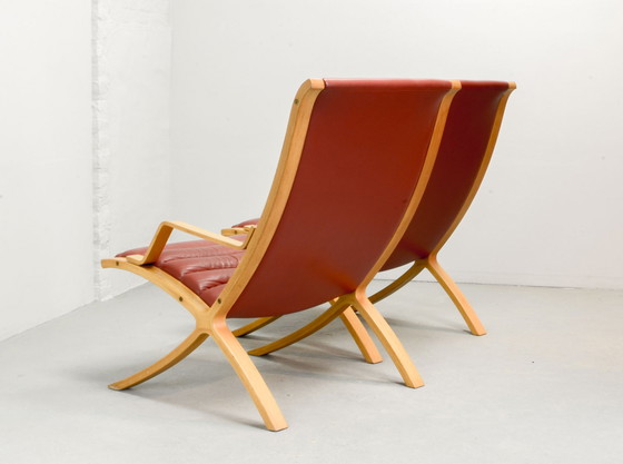 Image 1 of Danish Pair of Padded Red Leather High Back AX Lounge Chairs by Hvidt and Molgaard Nielsen for Fritz Hansen, 1970s.