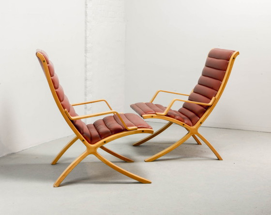 Image 1 of Danish Pair of Padded Red Leather High Back AX Lounge Chairs by Hvidt and Molgaard Nielsen for Fritz Hansen, 1970s.