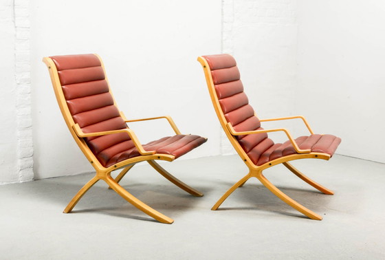 Image 1 of Danish Pair of Padded Red Leather High Back AX Lounge Chairs by Hvidt and Molgaard Nielsen for Fritz Hansen, 1970s.