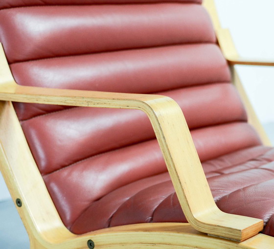 Image 1 of Danish Pair of Padded Red Leather High Back AX Lounge Chairs by Hvidt and Molgaard Nielsen for Fritz Hansen, 1970s.