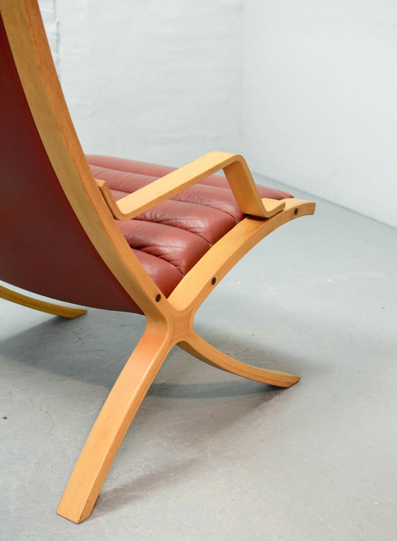 Image 1 of Danish Pair of Padded Red Leather High Back AX Lounge Chairs by Hvidt and Molgaard Nielsen for Fritz Hansen, 1970s.