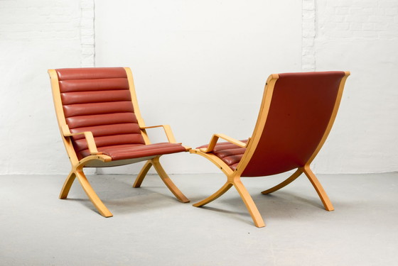 Image 1 of Danish Pair of Padded Red Leather High Back AX Lounge Chairs by Hvidt and Molgaard Nielsen for Fritz Hansen, 1970s.