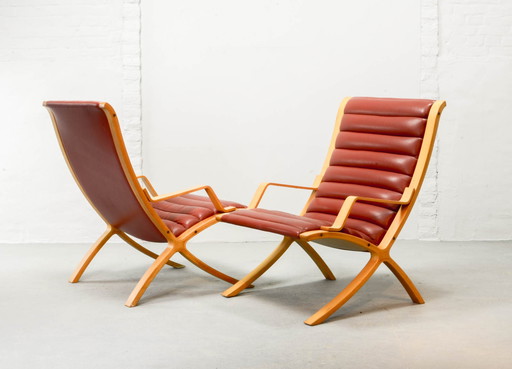 Danish Pair of Padded Red Leather High Back AX Lounge Chairs by Hvidt and Molgaard Nielsen for Fritz Hansen, 1970s.