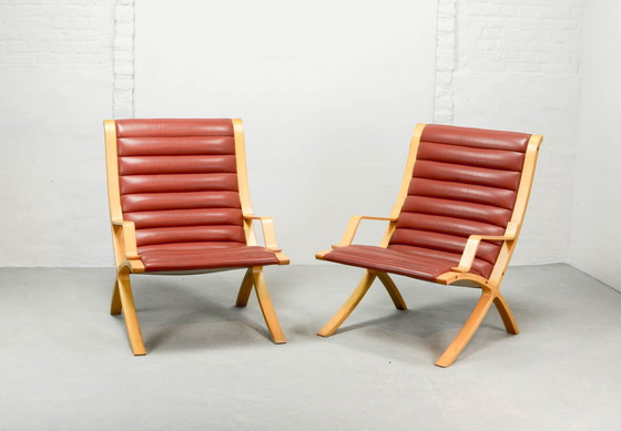 Image 1 of Danish Pair of Padded Red Leather High Back AX Lounge Chairs by Hvidt and Molgaard Nielsen for Fritz Hansen, 1970s.