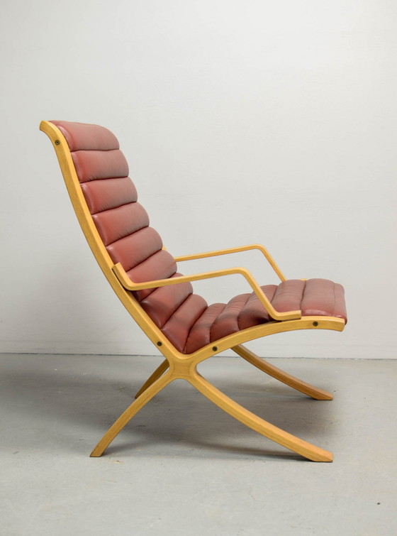 Image 1 of Danish Pair of Padded Red Leather High Back AX Lounge Chairs by Hvidt and Molgaard Nielsen for Fritz Hansen, 1970s.