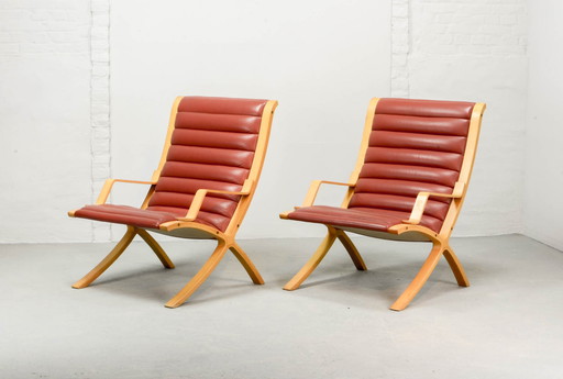 Danish Pair of Padded Red Leather High Back AX Lounge Chairs by Hvidt and Molgaard Nielsen for Fritz Hansen, 1970s.