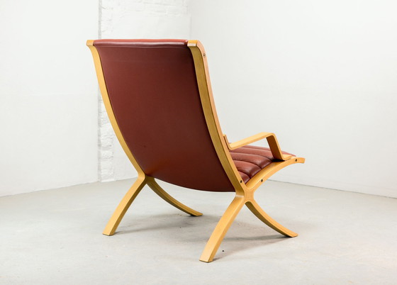 Image 1 of Danish Pair of Padded Red Leather High Back AX Lounge Chairs by Hvidt and Molgaard Nielsen for Fritz Hansen, 1970s.