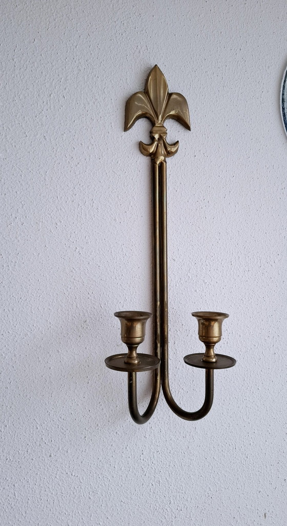 Image 1 of Candeliere vintage in ottone a doppia parete con fiore di giglio Fleur De Lis