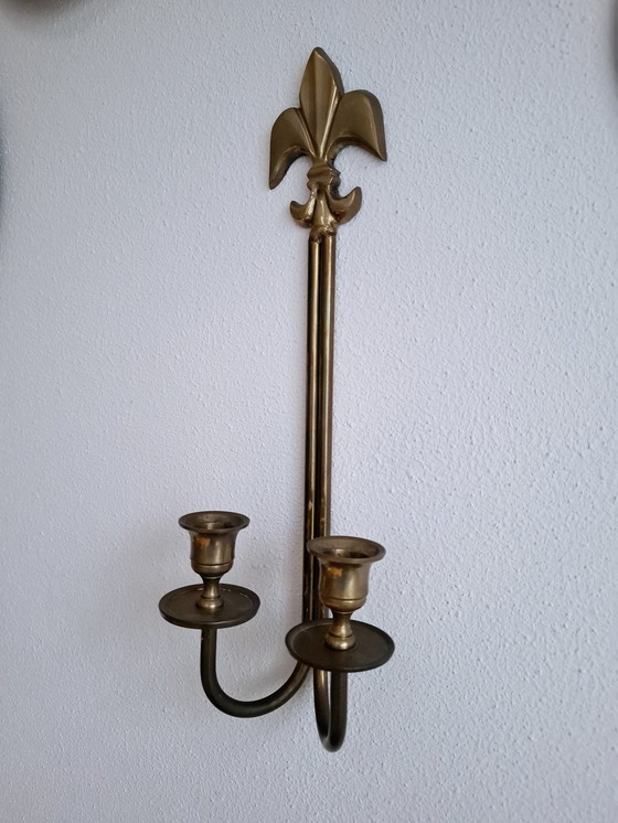 Image 1 of Candeliere vintage in ottone a doppia parete con fiore di giglio Fleur De Lis
